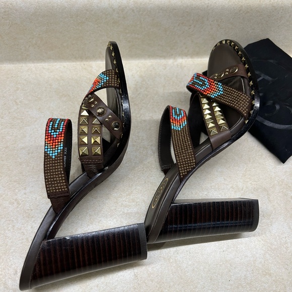 ASH Gold Studded/beaded Brown Leather Block Heels Strappy Sandals Sz 6.5 New - Picture 9 of 15